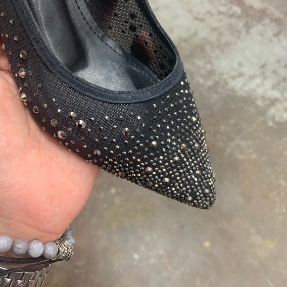 Women’s Crystal Embellished Kitten Heel Pumps in Black Mesh and Faux Leather - Picture 3 of 8